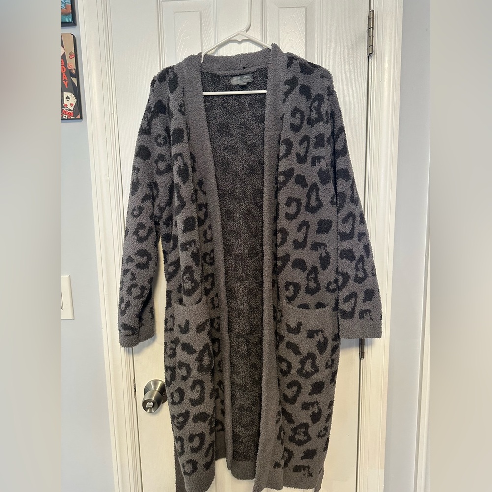 Barefoot Dreams Gray Leopard Cozy Long Open Cardigan Robe